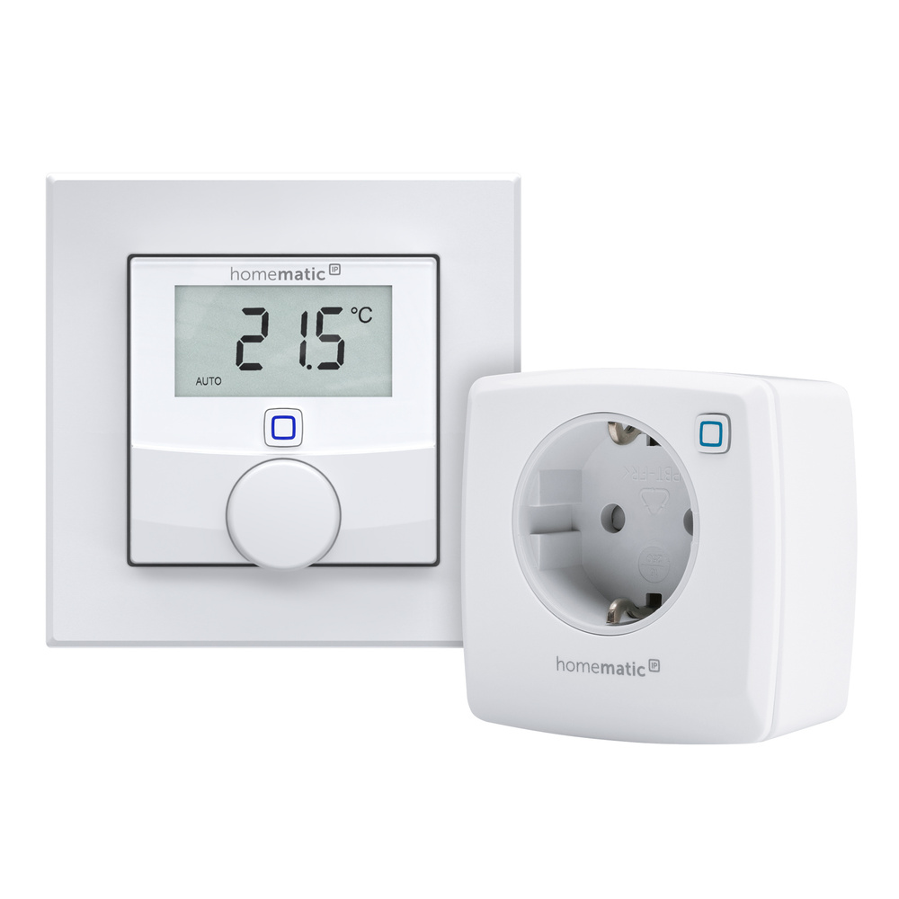 Homematic IP Smart Home Set Elektroheizungssteuerung – basic mit Wandthermostat mit Luftfeuchtigkeitssensor und Schaltsteckdose, HmIP-WTH-3 und HmIP-PS-2