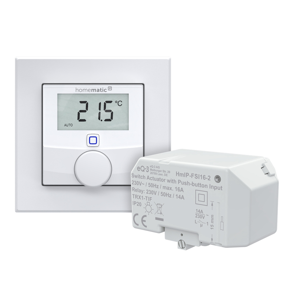 Homematic IP Smart Home Set Elektroheizungssteuerung – pro mit Wandthermostat mit Luftfeuchtigkeitssensor und Schaltaktor mit Tastereingang (16 A), HmIP-WTH-3 und HmIP-FSI16-2