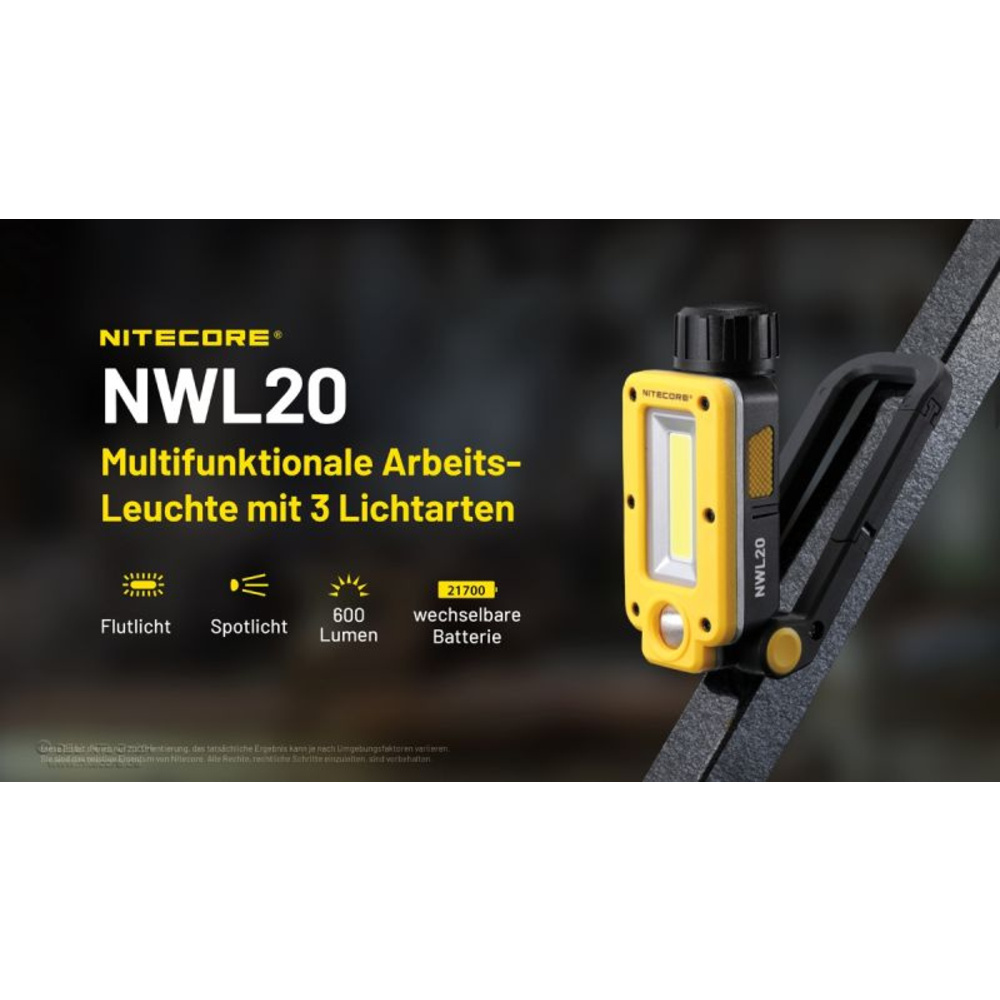 Nitecore NWL20 Arbeitsleuchte, 600 lm, COB-Flutlicht & LED-Spotlicht, integriertes Rotlicht